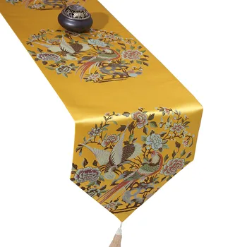 33x210 cm Klasik Çin kuş çiçek jakarlı masa koşucu püskül mobilya masa mat kapak yatak koşucu masa örtüsü toz geçirmez