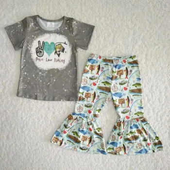 Bebek Kız Barış Aşk Balıkçılık Kıyafetleri Kısa Kollu Gömlek çan alt baskı Pantolon Çocuk giyim setleri Çocuk Butik Toptan