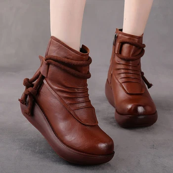 OUKAHUI Sonbahar Kış 2021 Vintage Düz Platform Çizmeler Kadın Hakiki Deri 4cm Artış Yuvarlak Ayak Sıcak Peluş Kışlık Botlar Bayan