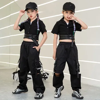 Çocuk Kpop Serin Hip Hop Giyim V Boyun Kırpma Üst T Shirt Streetwear Taktik Kargo Delik Pantolon Kız Caz dans kostümü Giysi