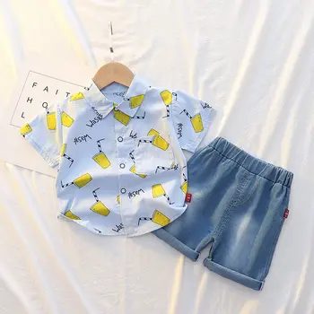 Çocuk pamuklu giysiler Yaz Erkek Bebek kısa kollu Baskılı Gömlek Kot pantolon 2 adet / takım Bebek Çocuk Moda Yürümeye Başlayan Eşofman