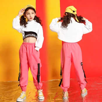 Çocuk Yüksek Boyun Kırpma Üst Kazak Gömlek Rahat pantolon Kız Hip Hop Giyim Caz dans kostümü Balo Salonu Dans Elbise Giymek